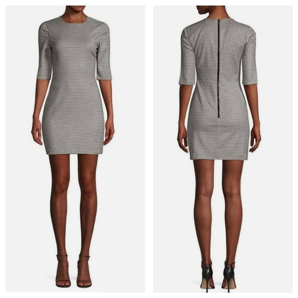 Alice + Olivia Delora Herringbone Crewneck Mini Dress Sz 2 Black/White Wool Blen - Picture 1 of 12